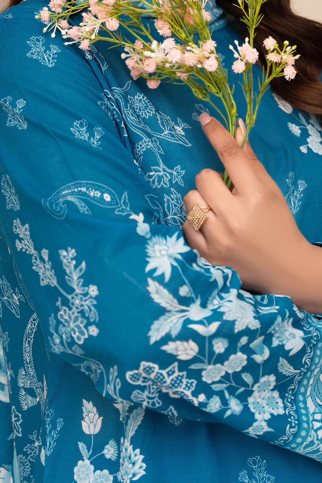 3 Piece Unstitched French Blue Premium Printed Lawn
