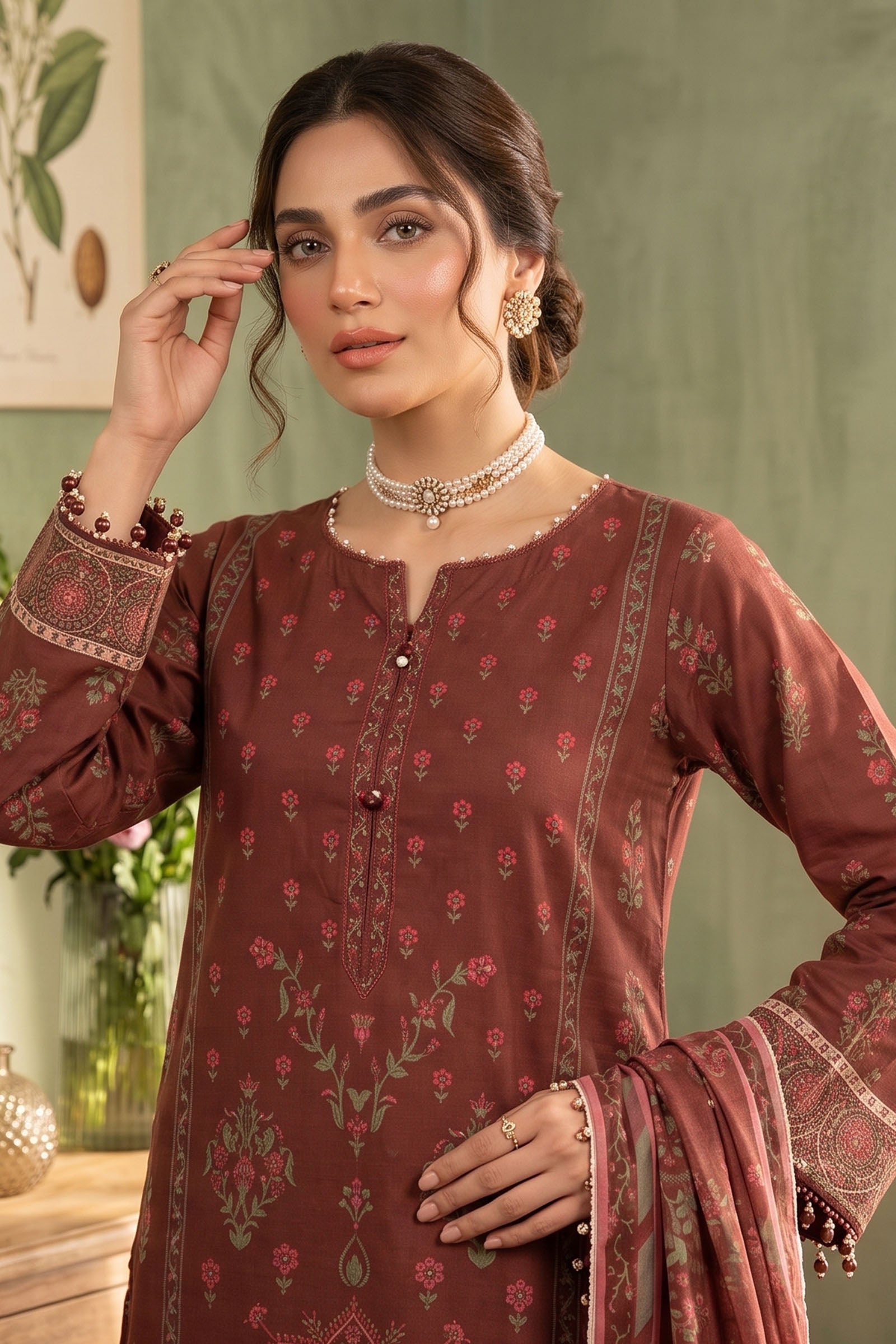 Dark Brown 3 Piece Unstitched Premium Printed Lawn