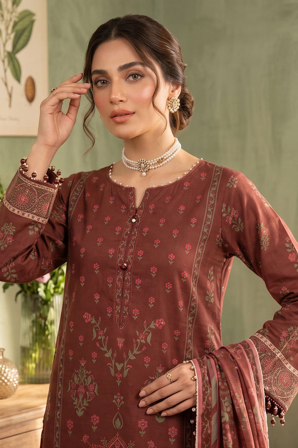 Dark Brown 3 Piece Unstitched Premium Printed Lawn