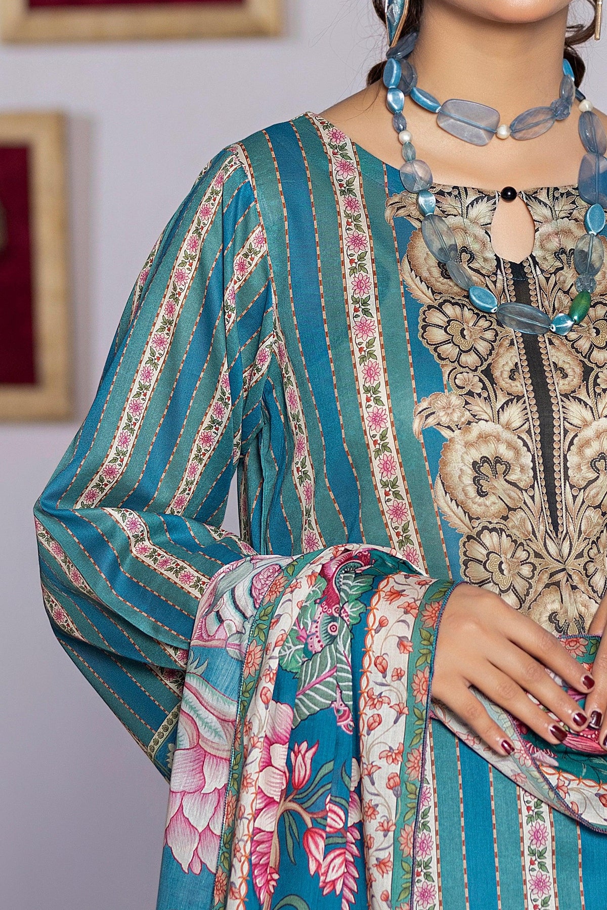 3 Piece Unstitched Blue Printed Lawn - SafaNoor