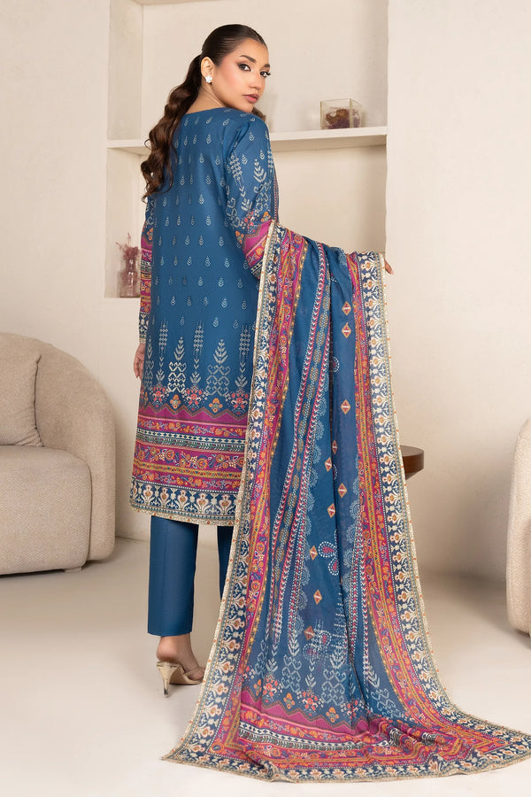 3 Piece Unstitched Sea Blue Premium Printed Lawn