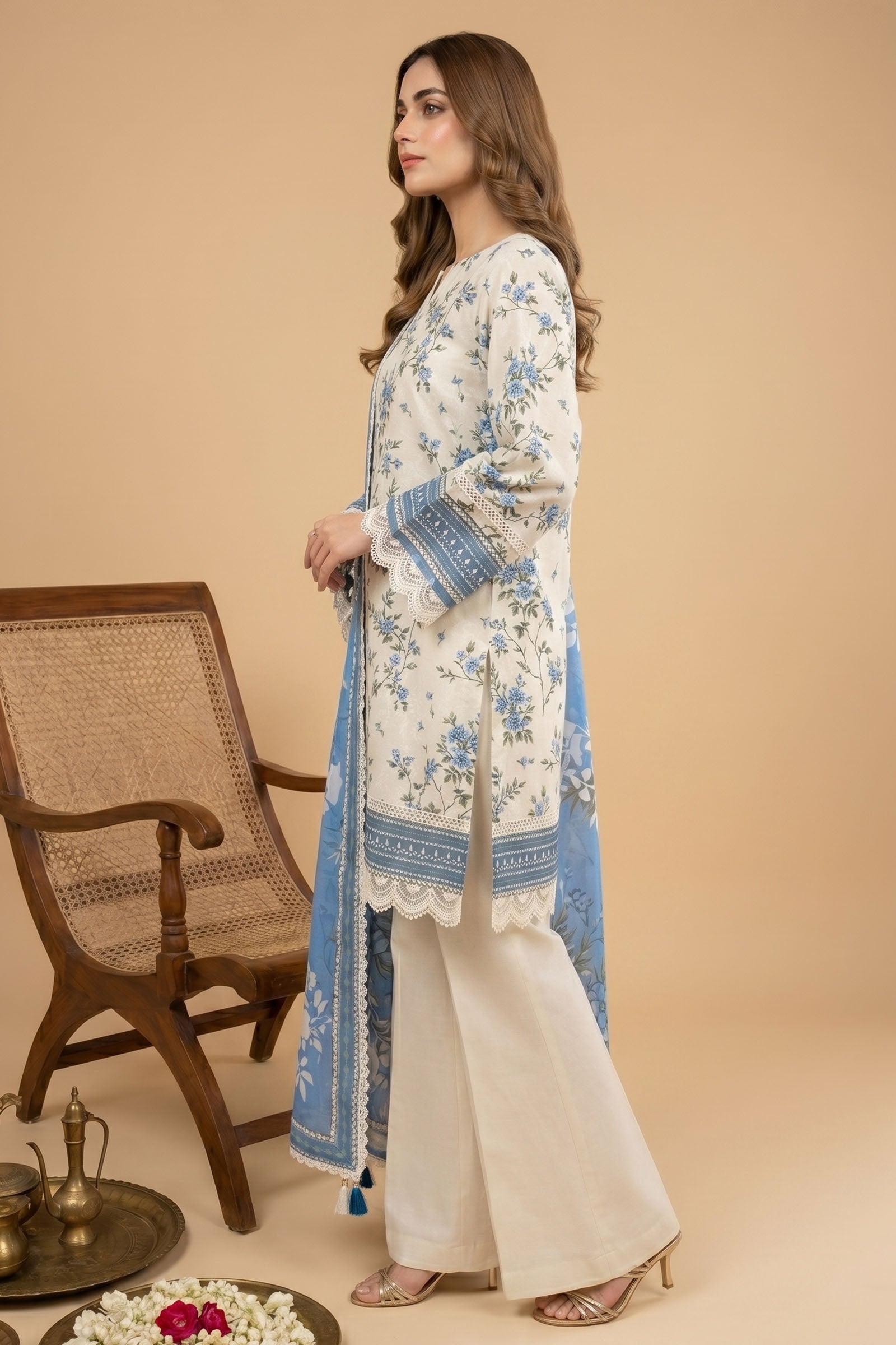 Antique White 3 Piece Unstitched Premium Printed Lawn