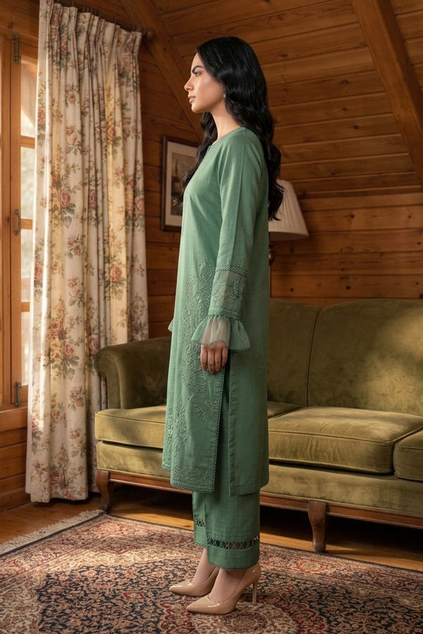 Poweder Green 2 Piece Unstitched Dyed Embroidered Lawn