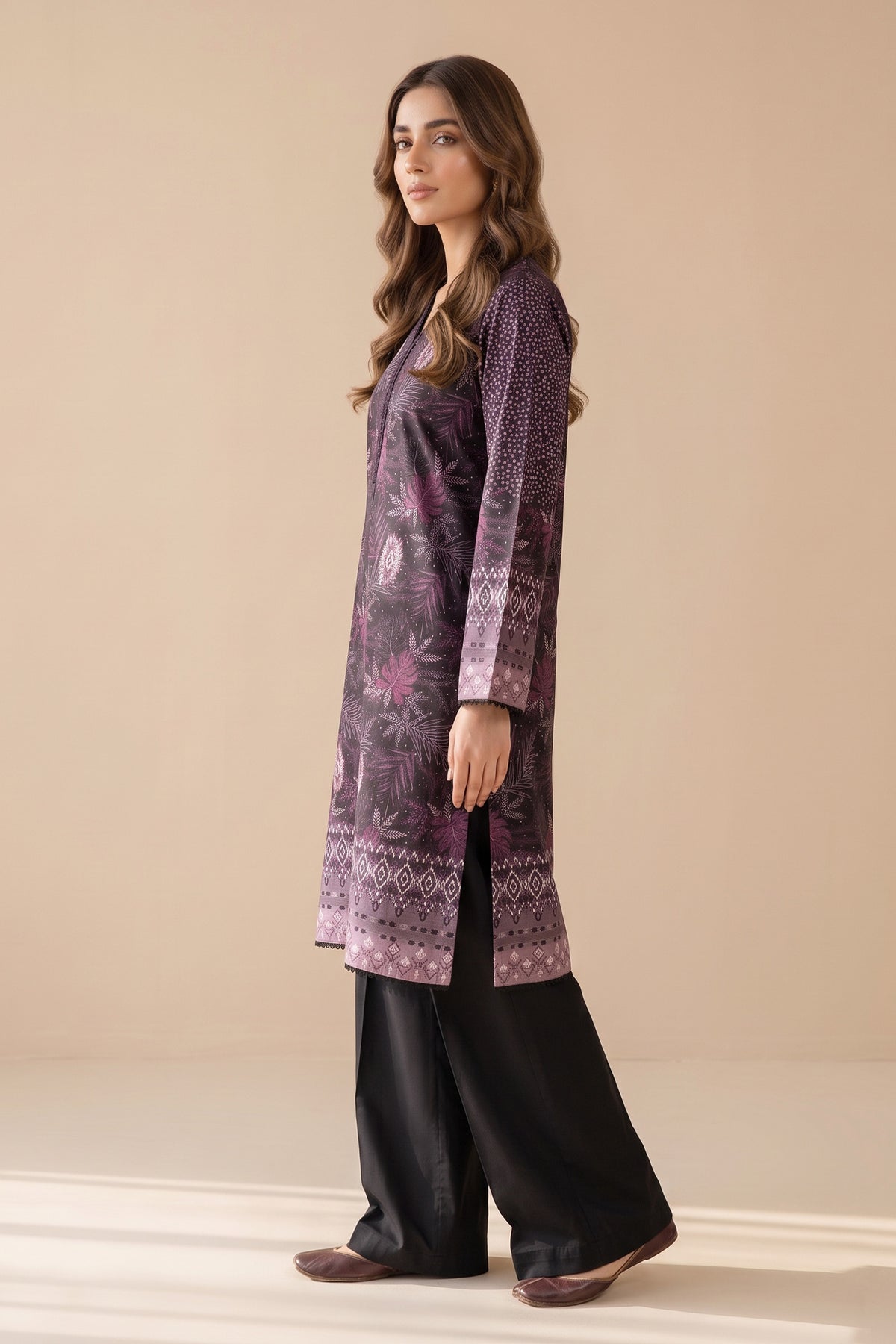 2 Piece Unstitched Printed Lace Khaddar - Dark Black