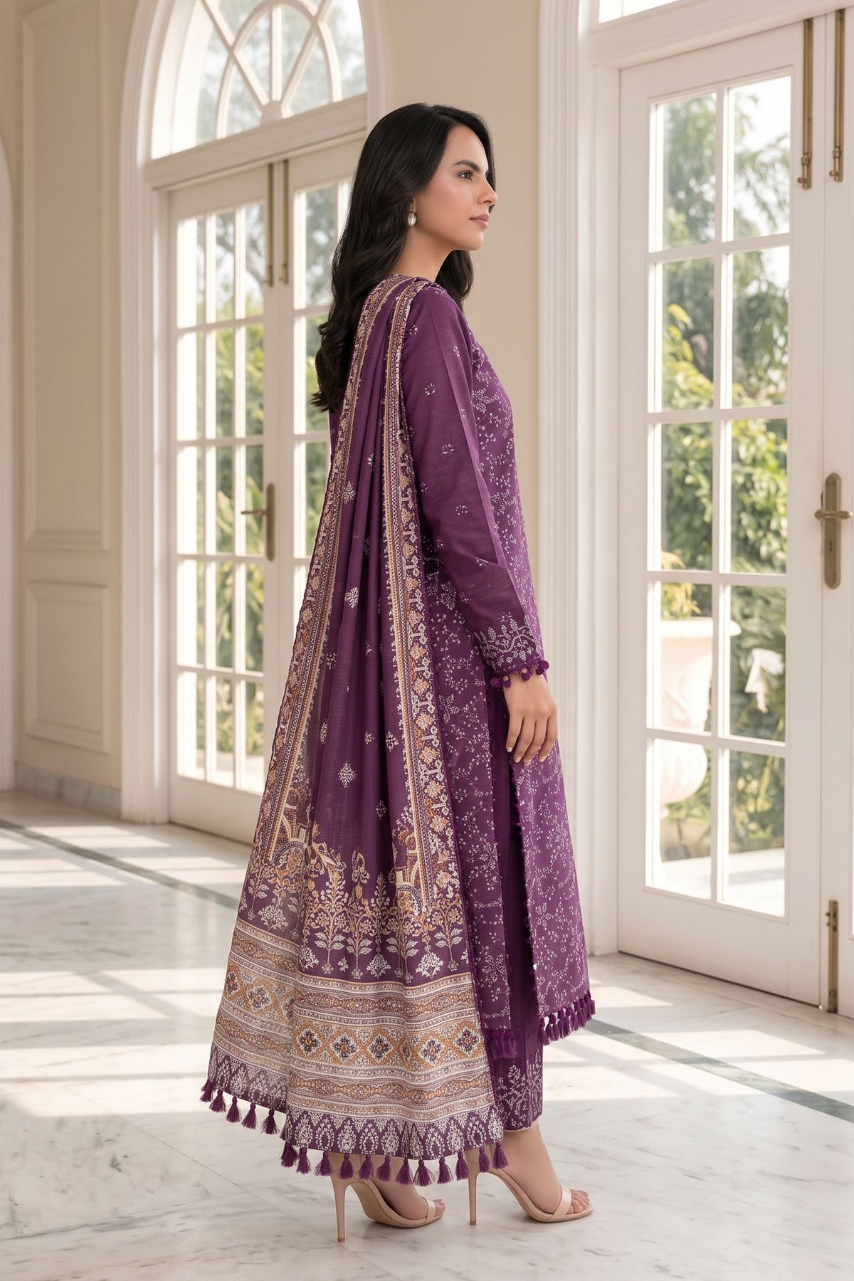 Unstitched Premium Printed 3-Piece Pansy Purple Suit