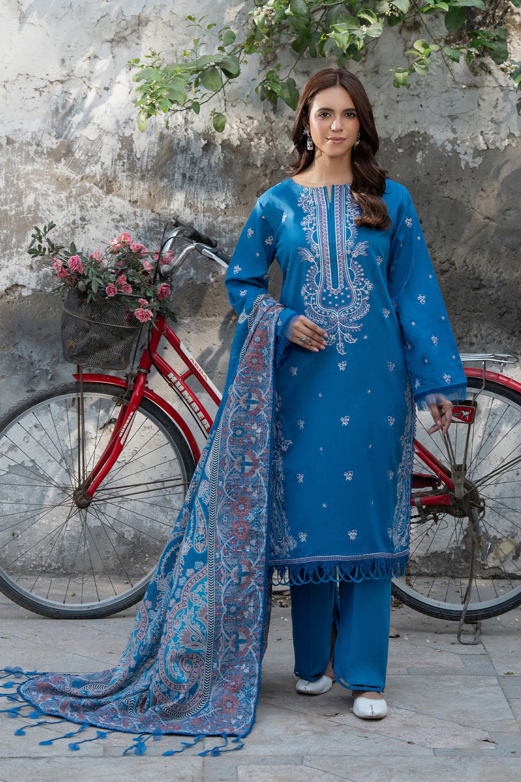 3 Piece Unstitched French Blue Premium Emb Lawn