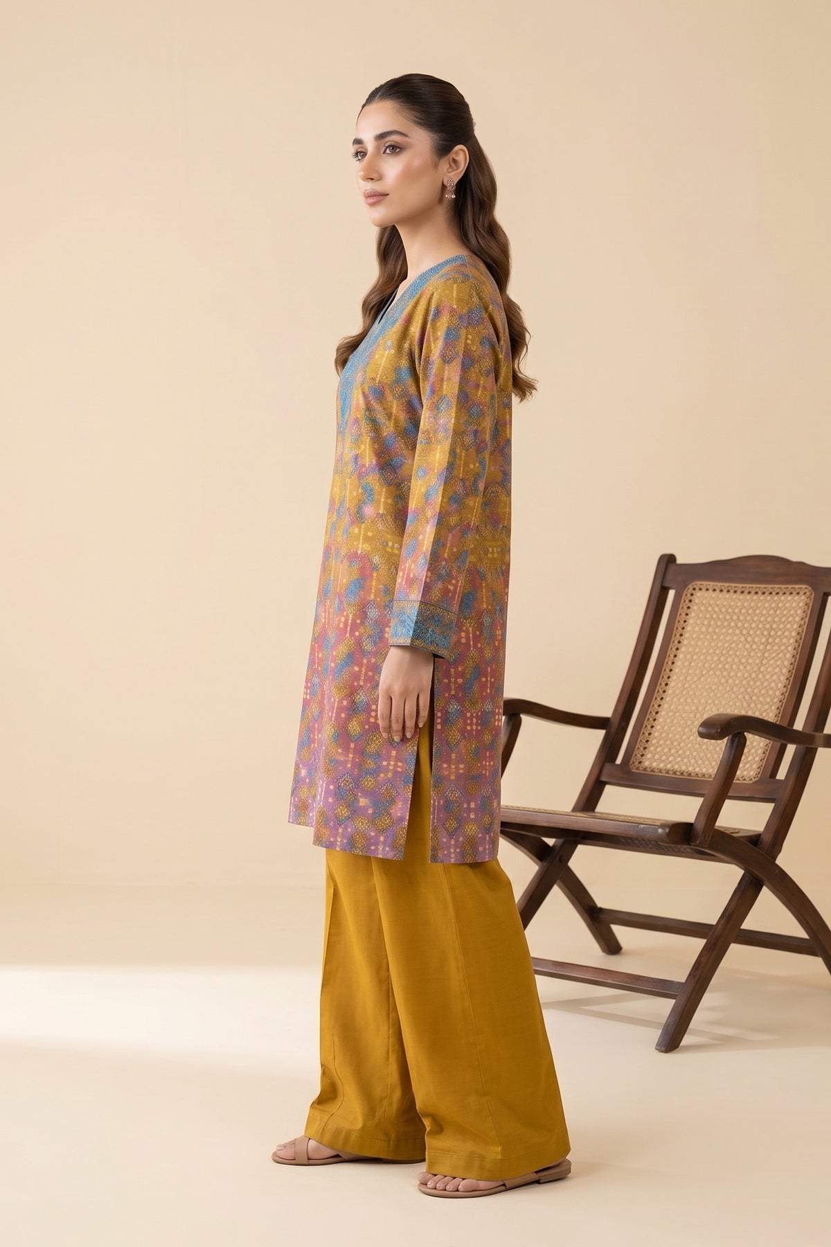 2 Piece Unstitched Embroidered Printed Khaddar - Mustard Gold