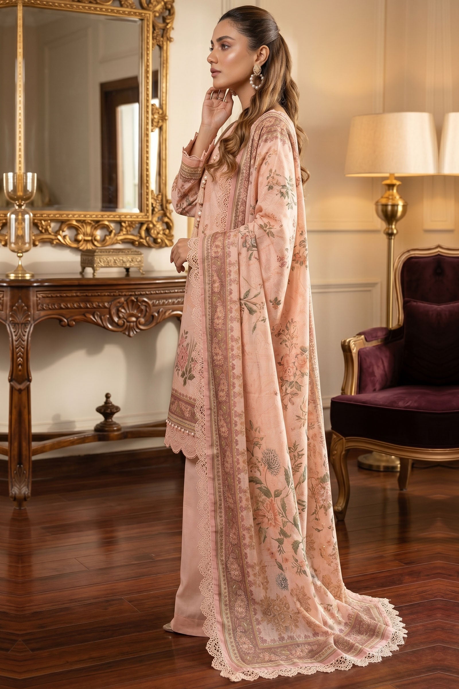 Peach 3 Piece Unstitched Premium Printed Lawn