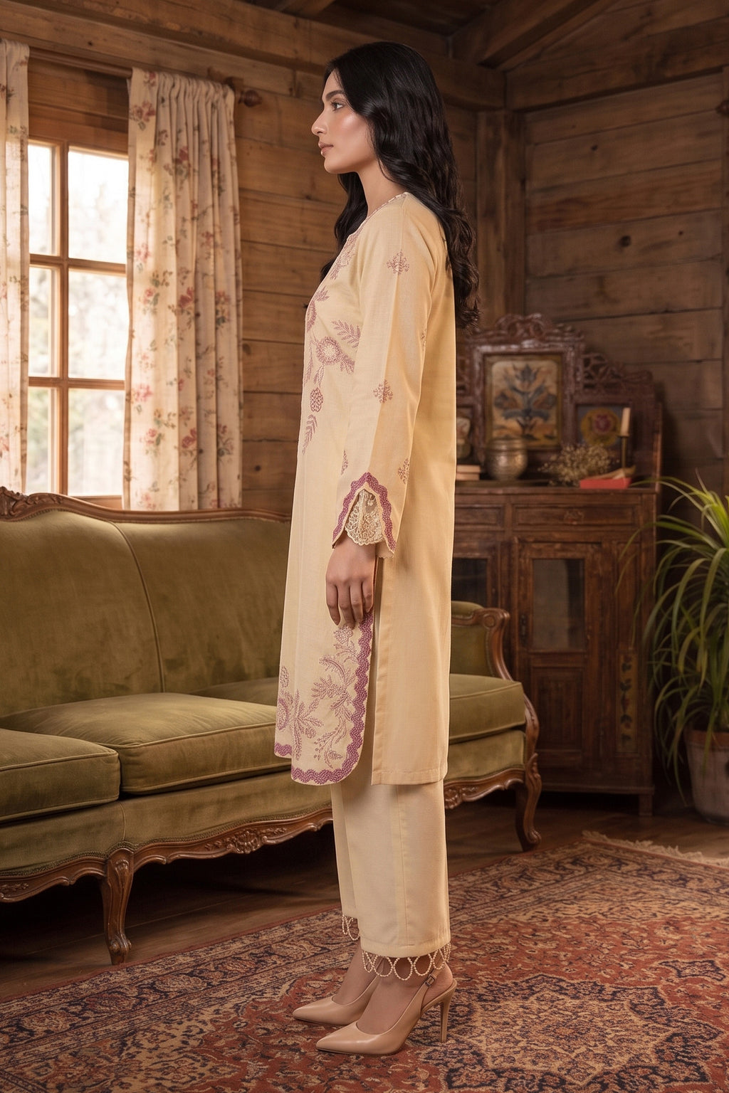 Beige 2 Piece Unstitched Dyed Embroidered Lawn
