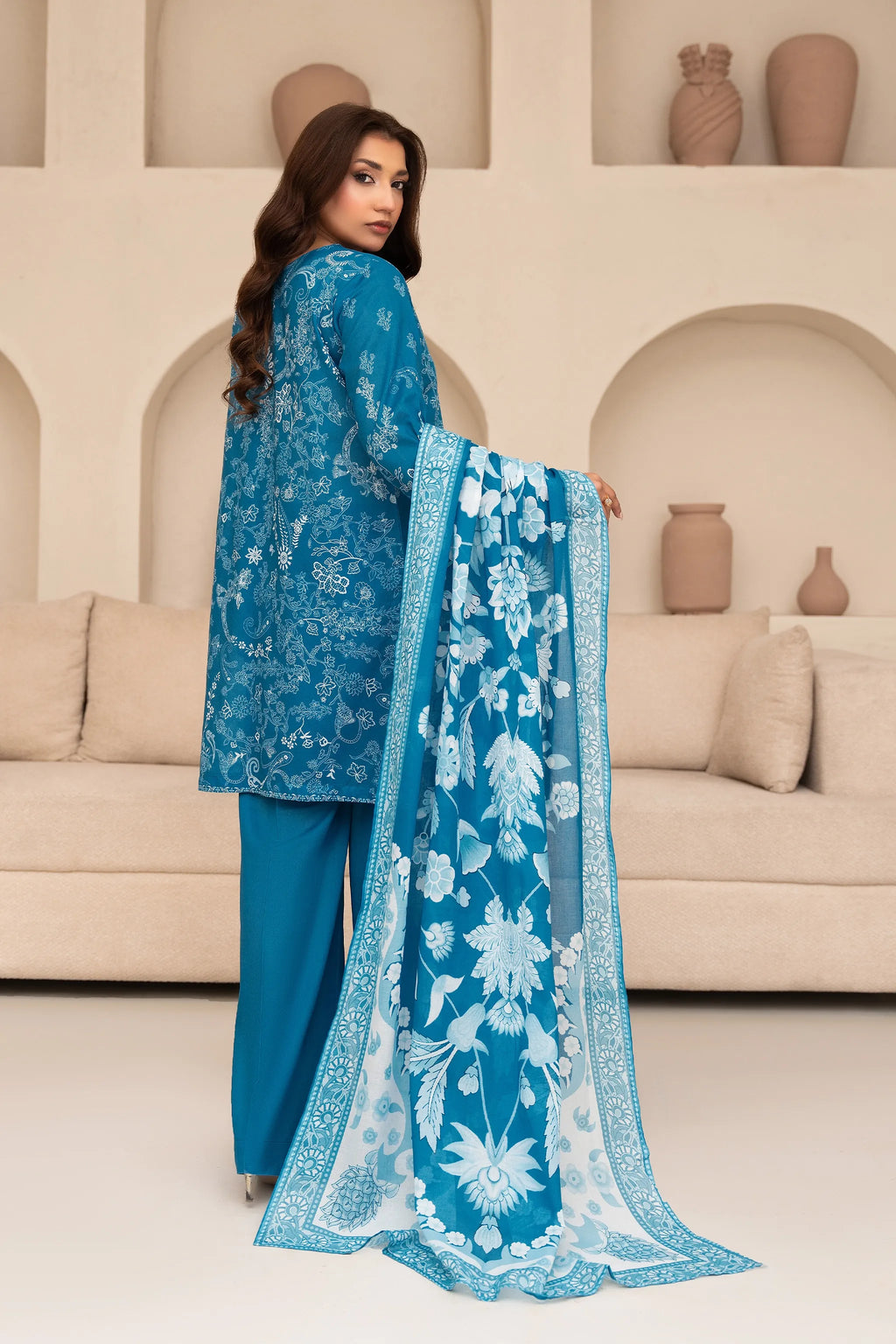 3 Piece Unstitched French Blue Premium Printed Lawn