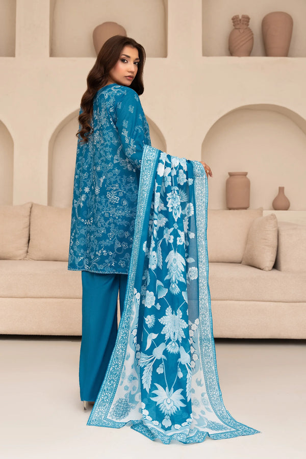 3 Piece Unstitched French Blue Premium Printed Lawn