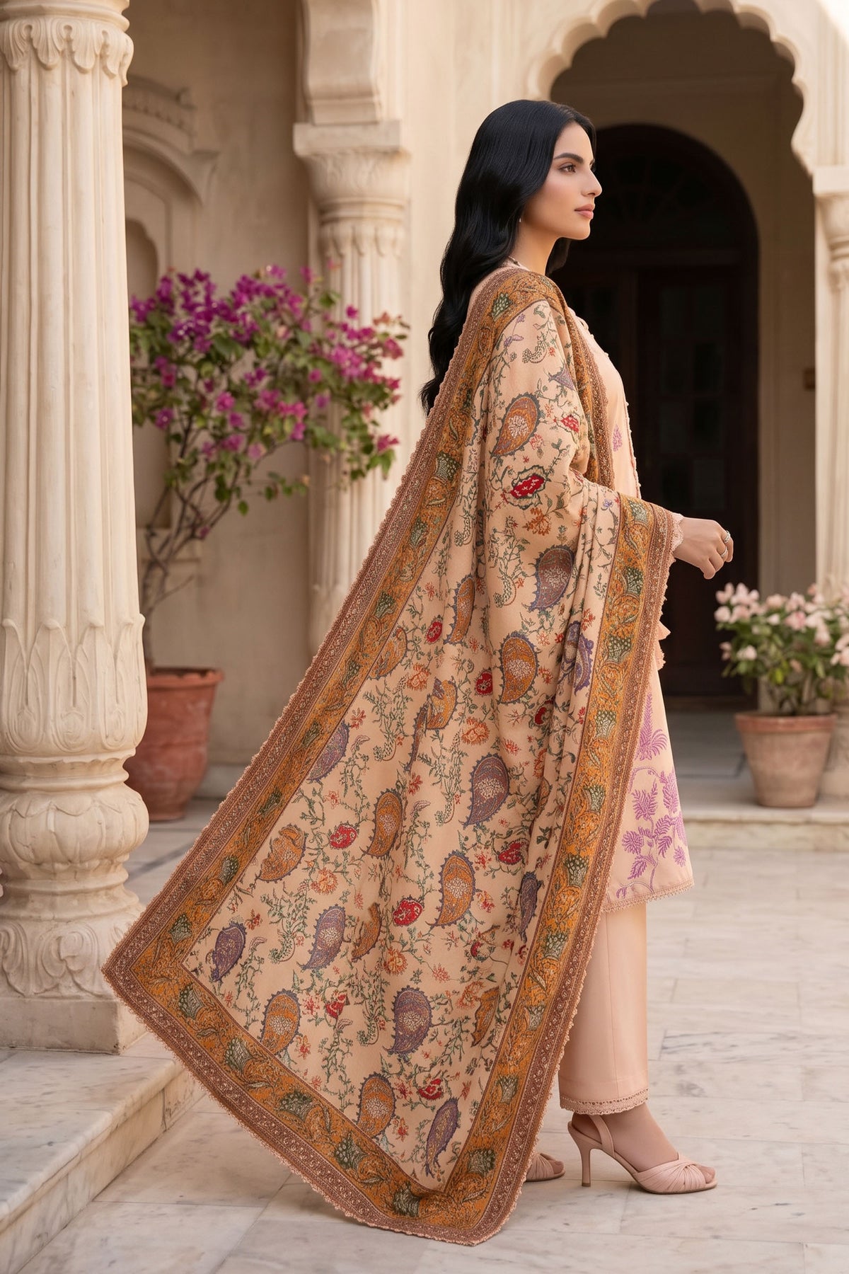 Unstitched Premium Printed 3-Piece Pink Sand Suit