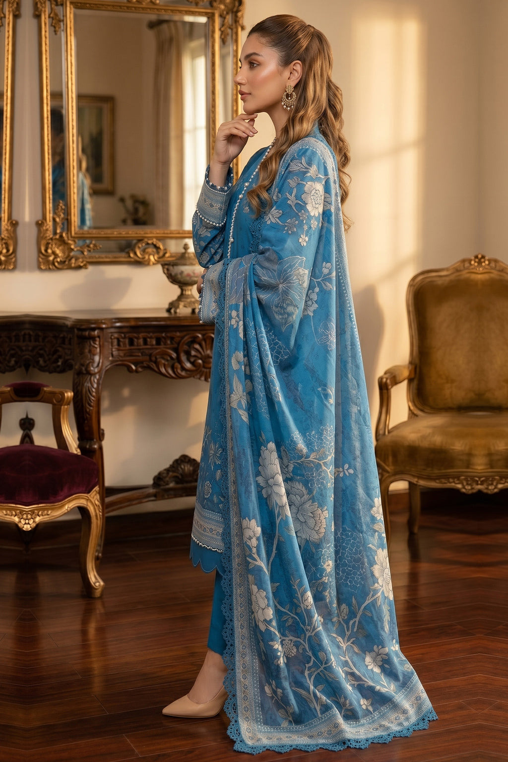 Blue 3 Piece Unstitched Premium Printed Lawn