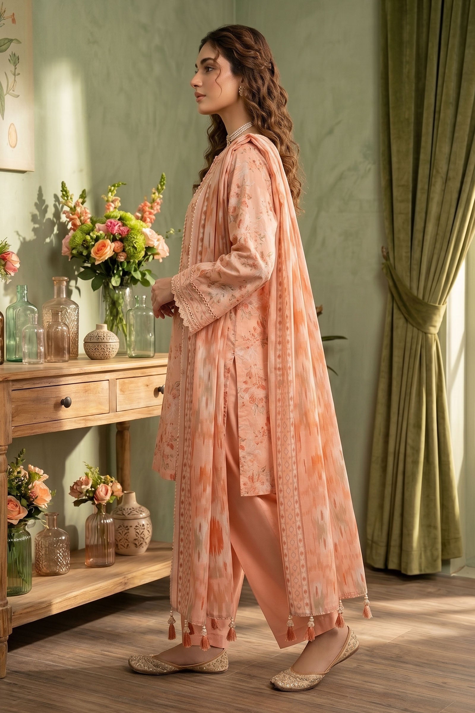 Peach 3 Piece Unstitched Premium Printed Lawn