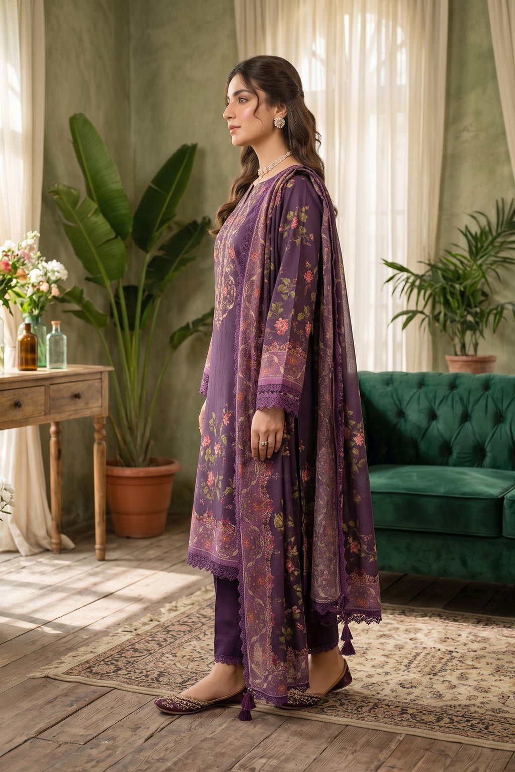 Plum Purple 3 Piece Unstitched Premium Printed Lawn