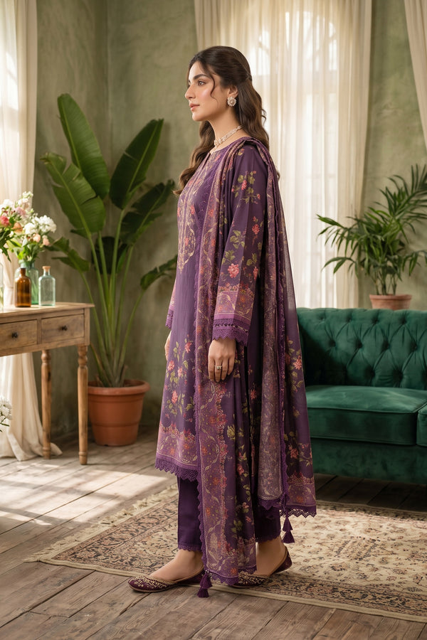Plum Purple 3 Piece Unstitched Premium Printed Lawn