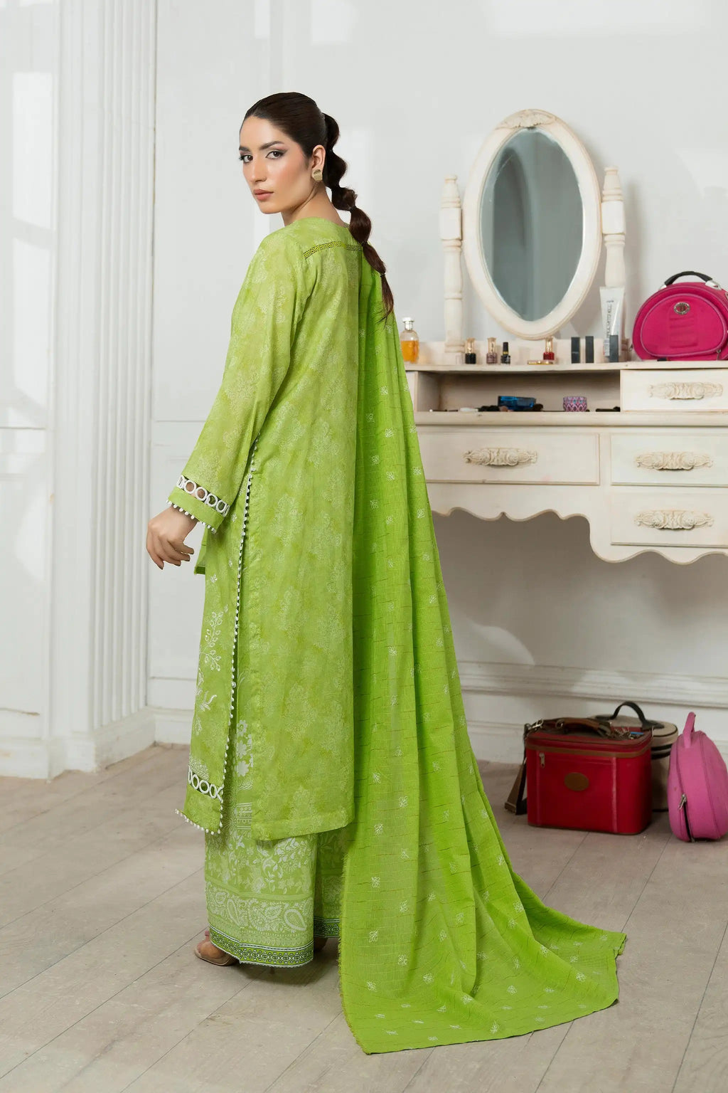 3 Piece Unstitched Apple Green Premium Emb Jacquard Lawn