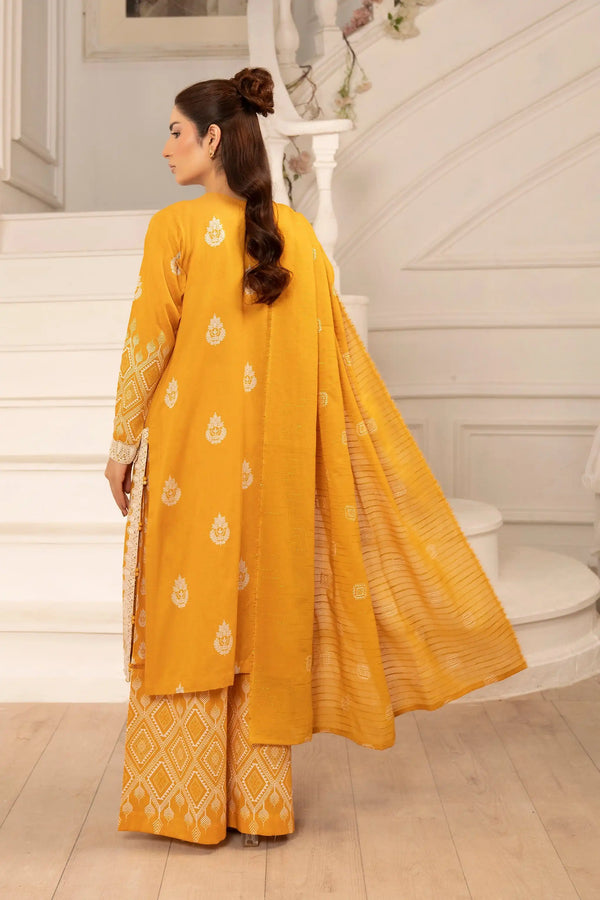 3 Piece Unstitched Orange Premium Emb Jacquard Lawn