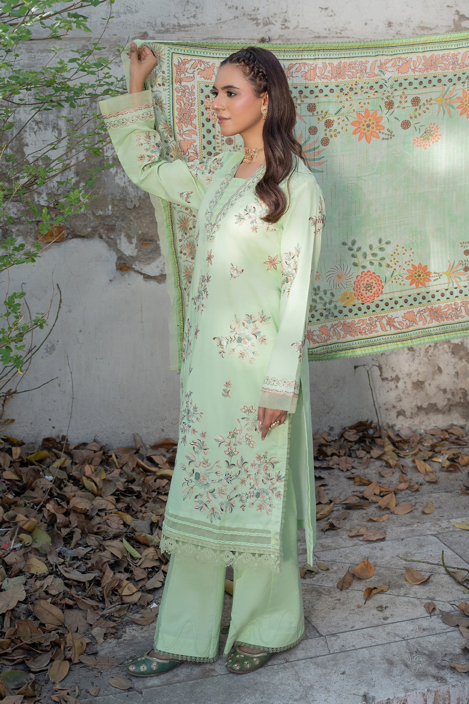 3 Piece Unstitched Laurel Green Premium Emb Lawn