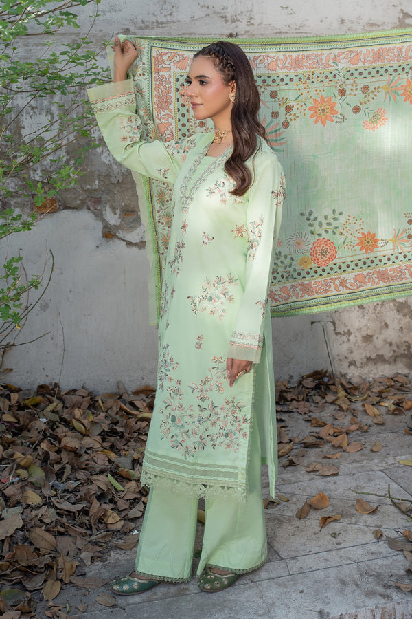 3 Piece Unstitched Laurel Green Premium Emb Lawn