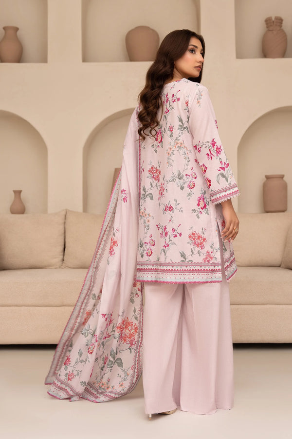 3 Piece Unstitched Baby Pink Premium Printed Lawn