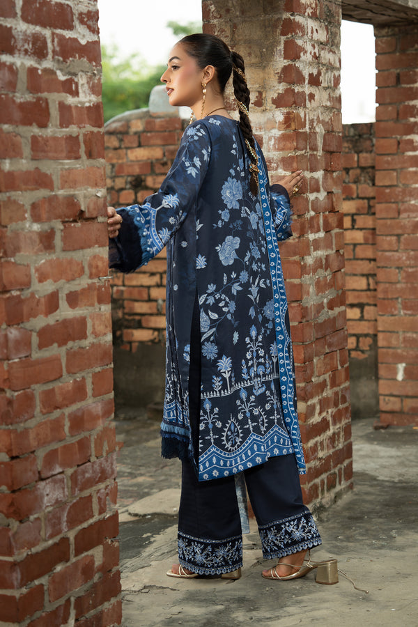 3 Piece Unstitched Navy Blue Embroidered Linen