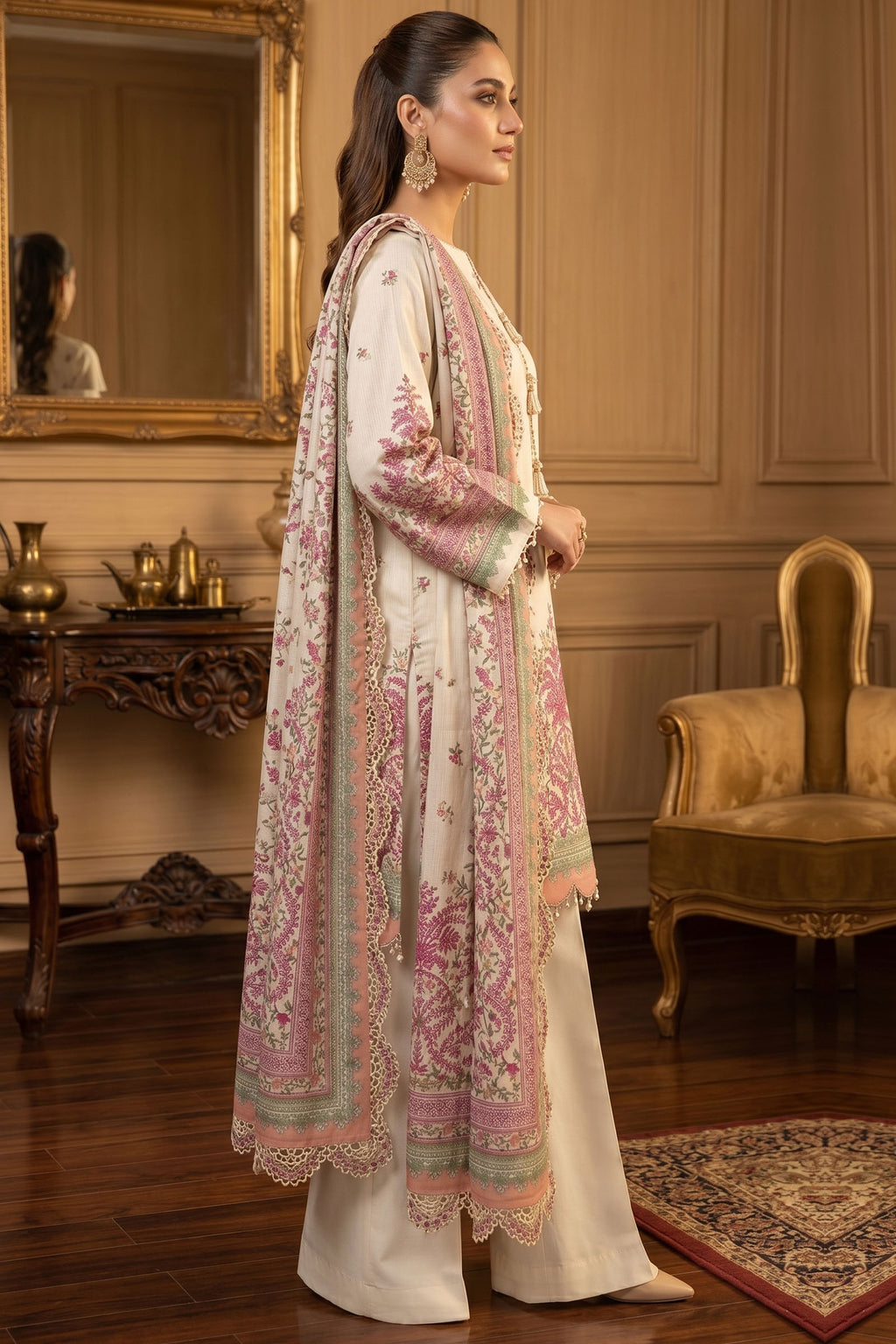 Beige 3 Piece Unstitched Premium Printed Lawn