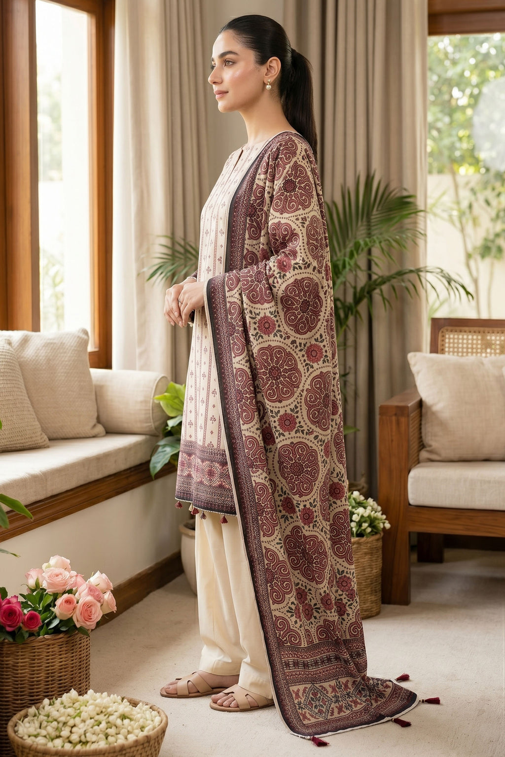 Beige 3 Piece Unstitched Premium Printed Lawn