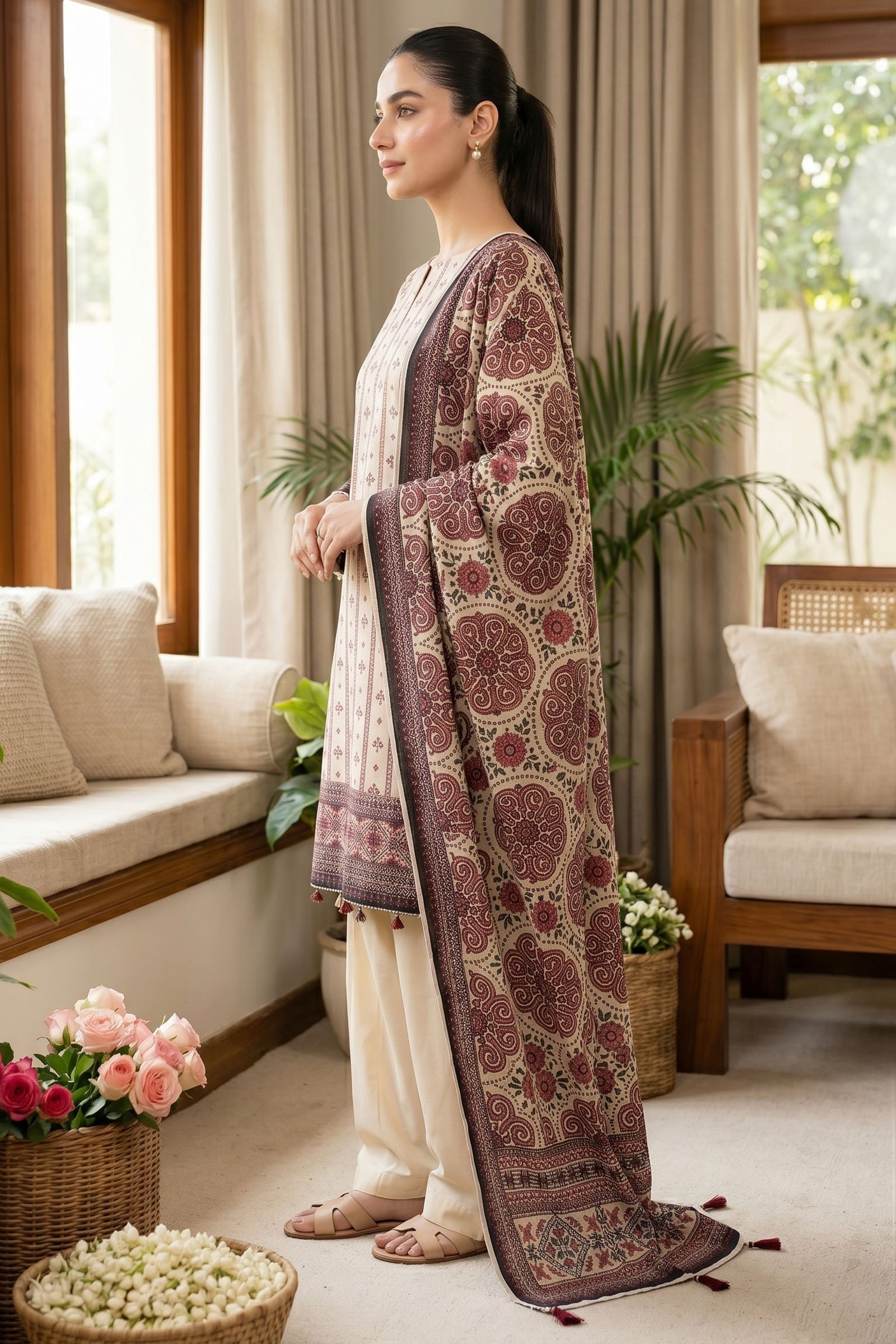 Beige 3 Piece Unstitched Premium Printed Lawn
