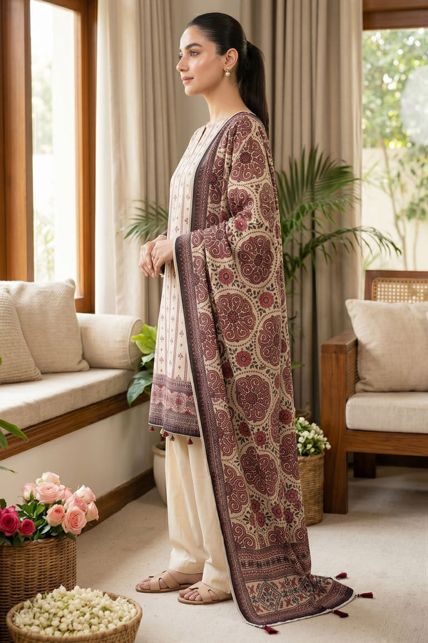 Beige 3 Piece Unstitched Premium Printed Lawn