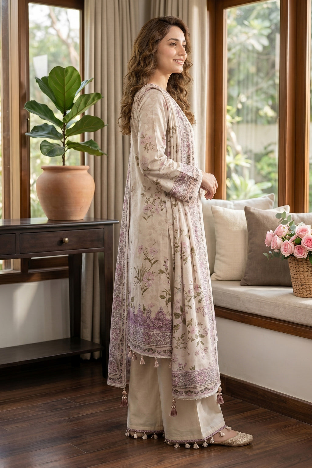 Light Beige 3 Piece Unstitched Premium Printed Lawn