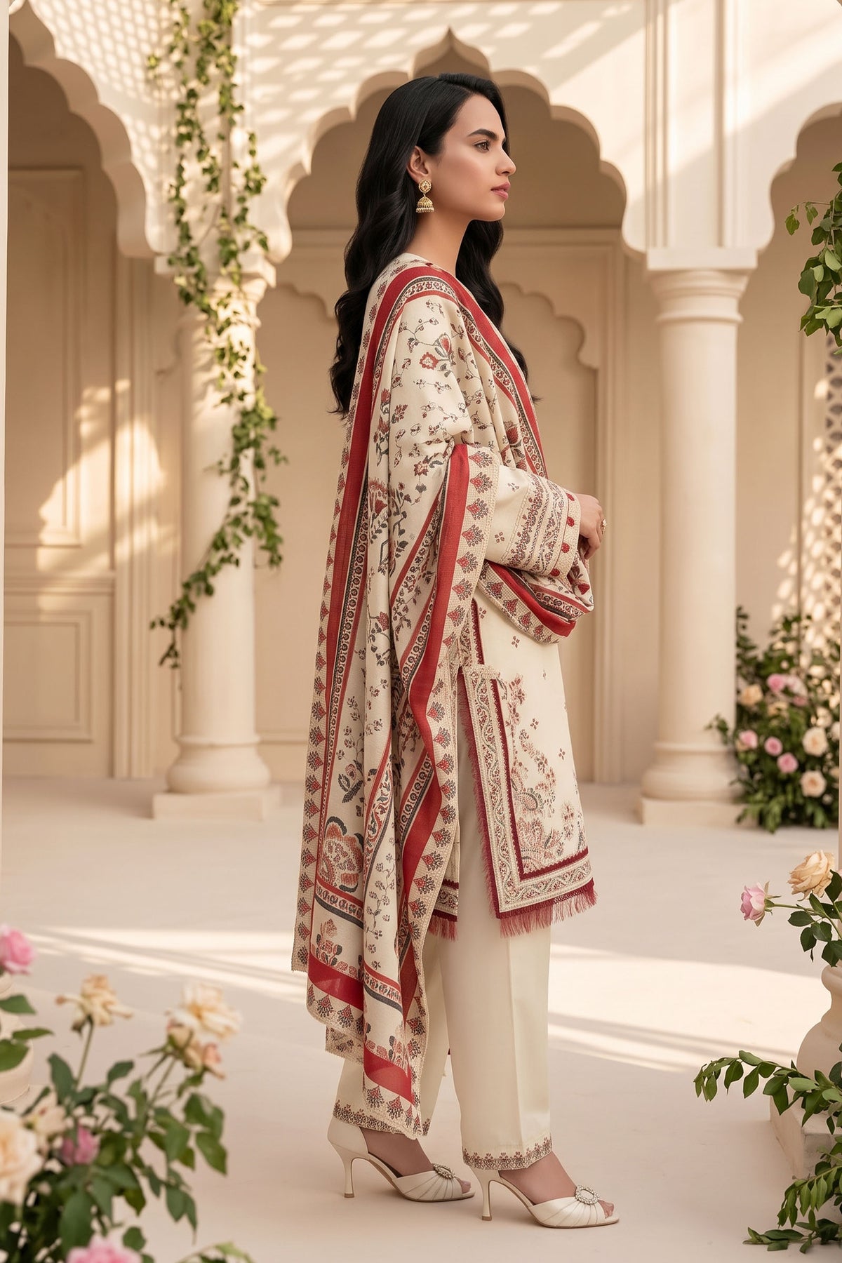 Unstitched Premium Printed 3-Piece Antique White Suit