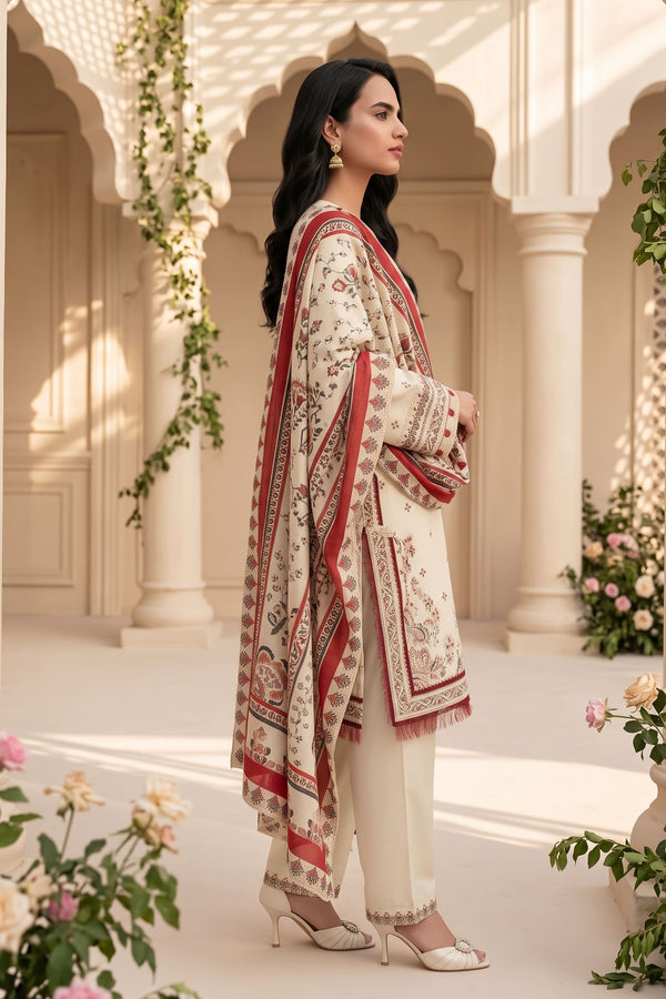 Unstitched Premium Printed 3-Piece Antique White Suit