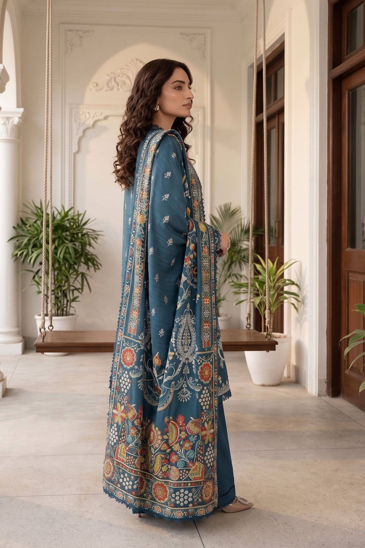 Unstitched Premium Printed 3-Piece Dark Blue Suit