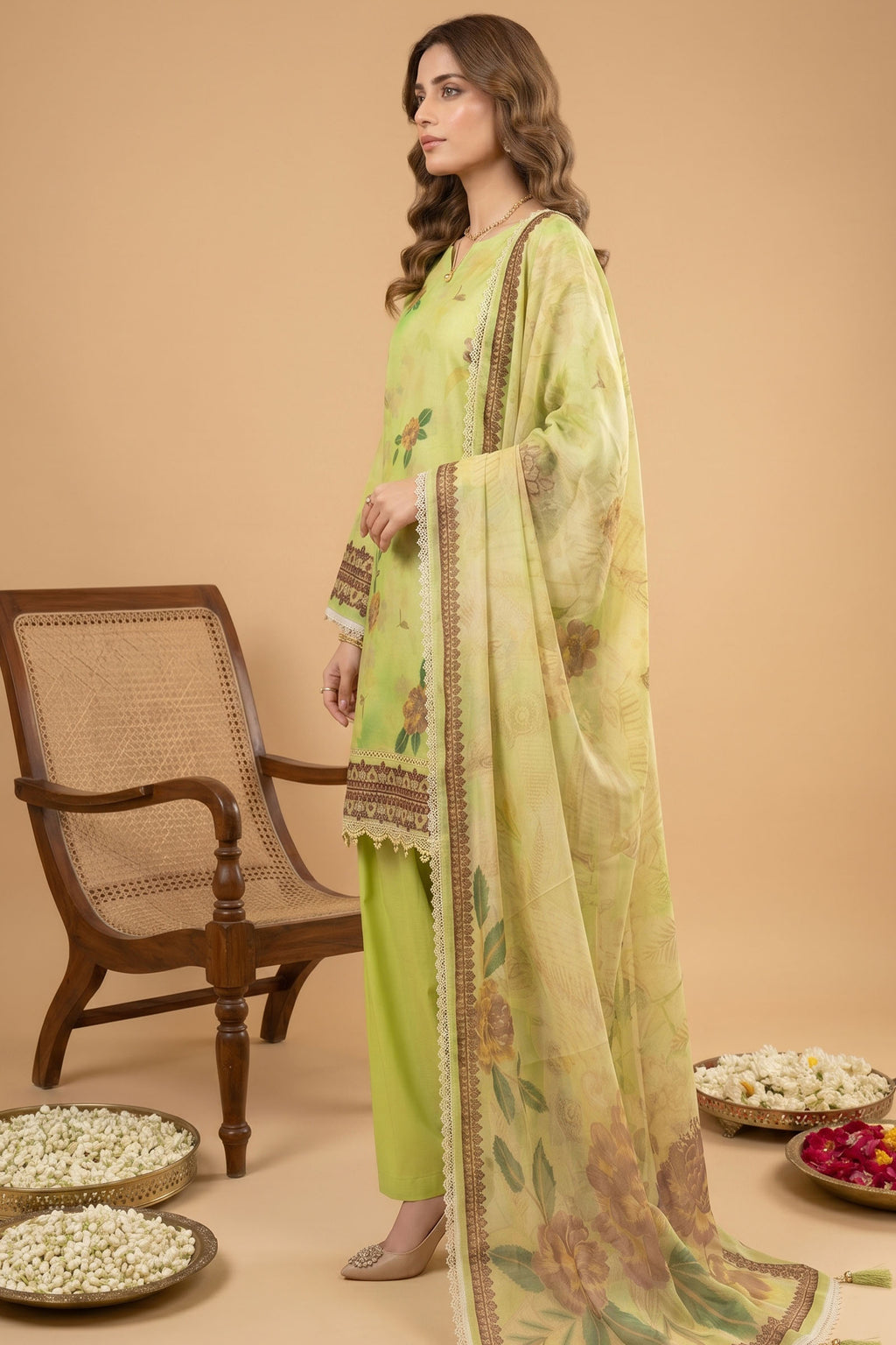 Yellow Green 3 Piece Unstitched Premium Printed Lawn