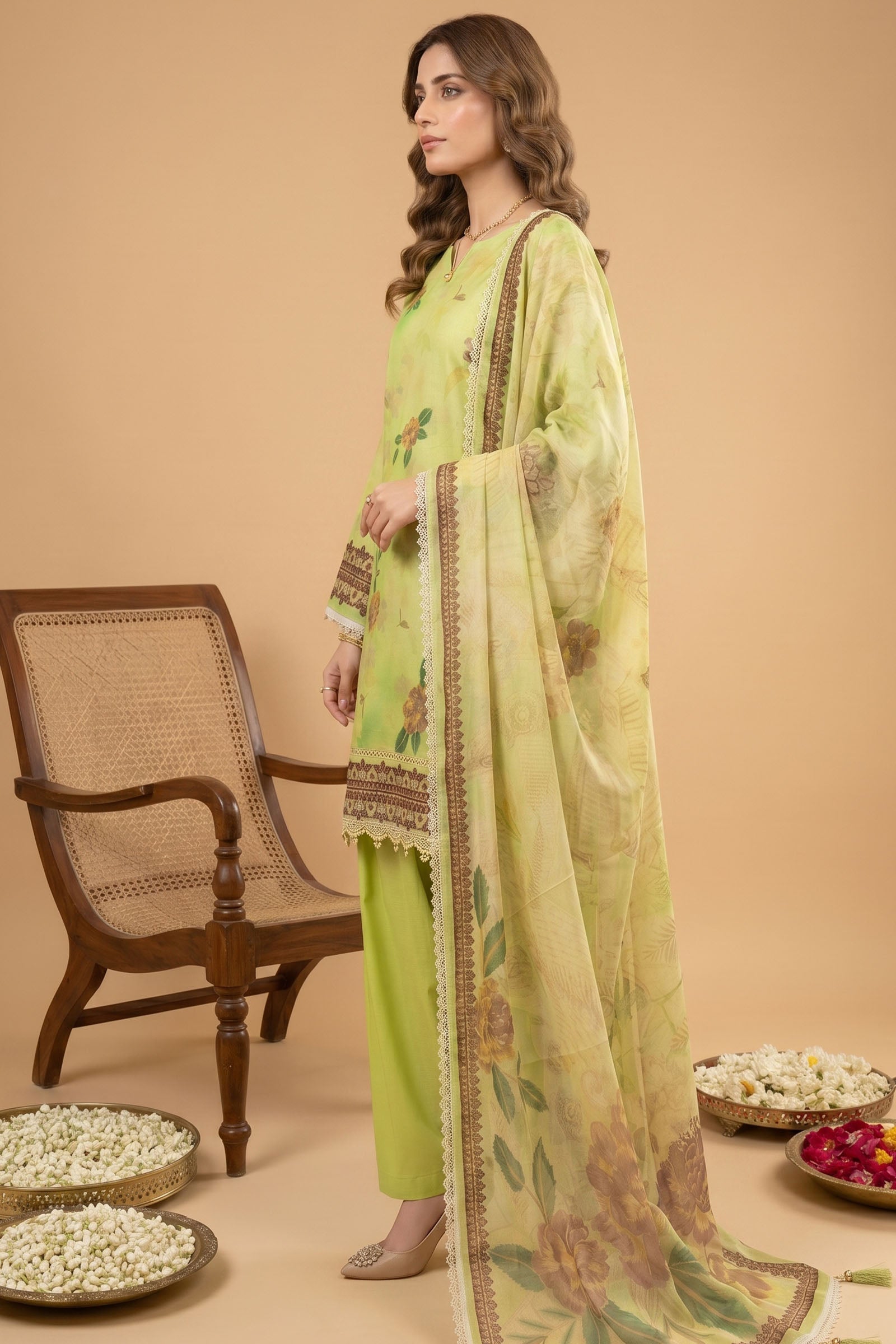 Yellow Green 3 Piece Unstitched Premium Printed Lawn