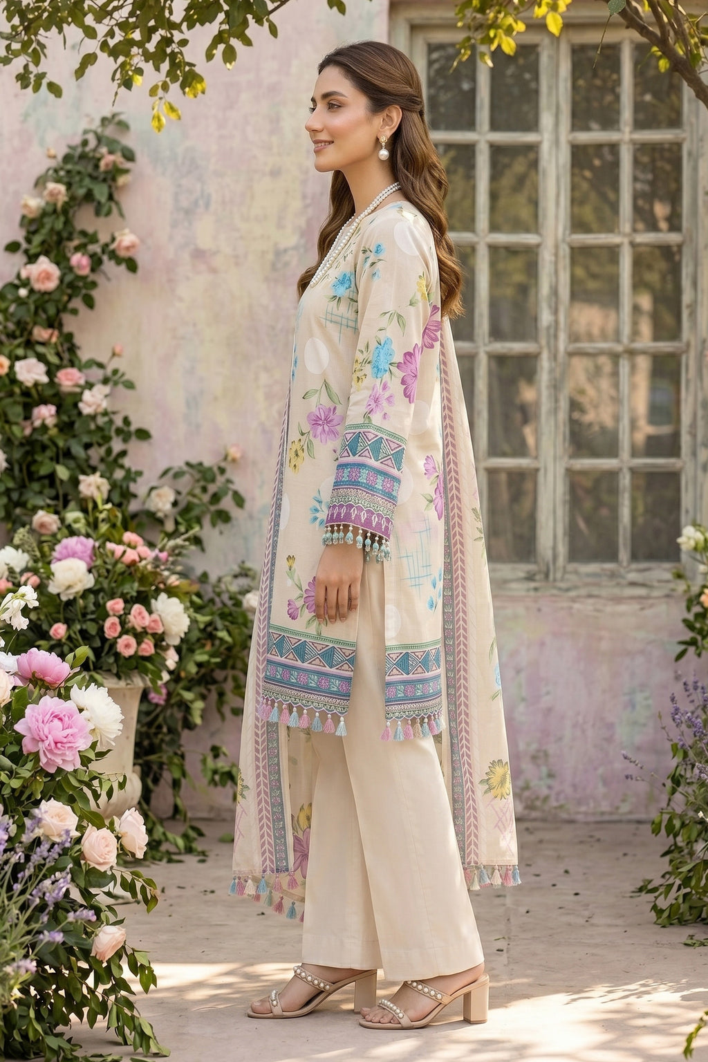 Cream 3 Piece Unstitched Premium Printed Lawn