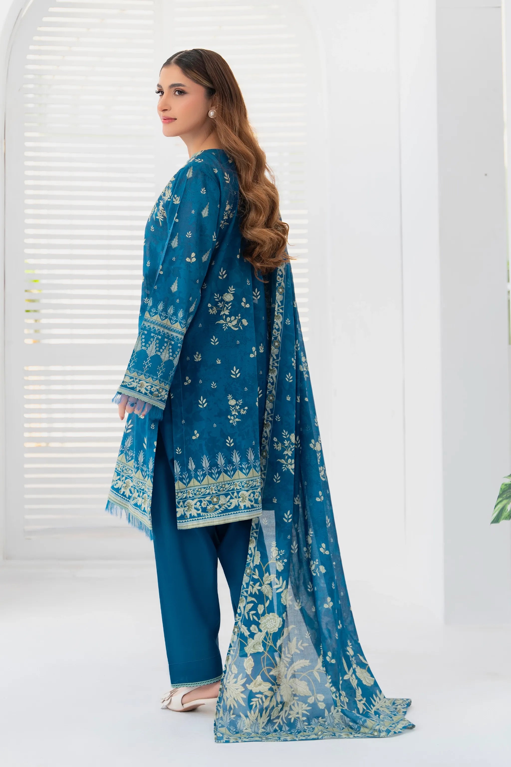 3 Piece Unstitched Sea Blue Premium Printed Lawn