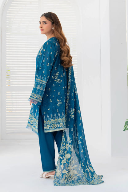 3 Piece Unstitched Sea Blue Premium Printed Lawn