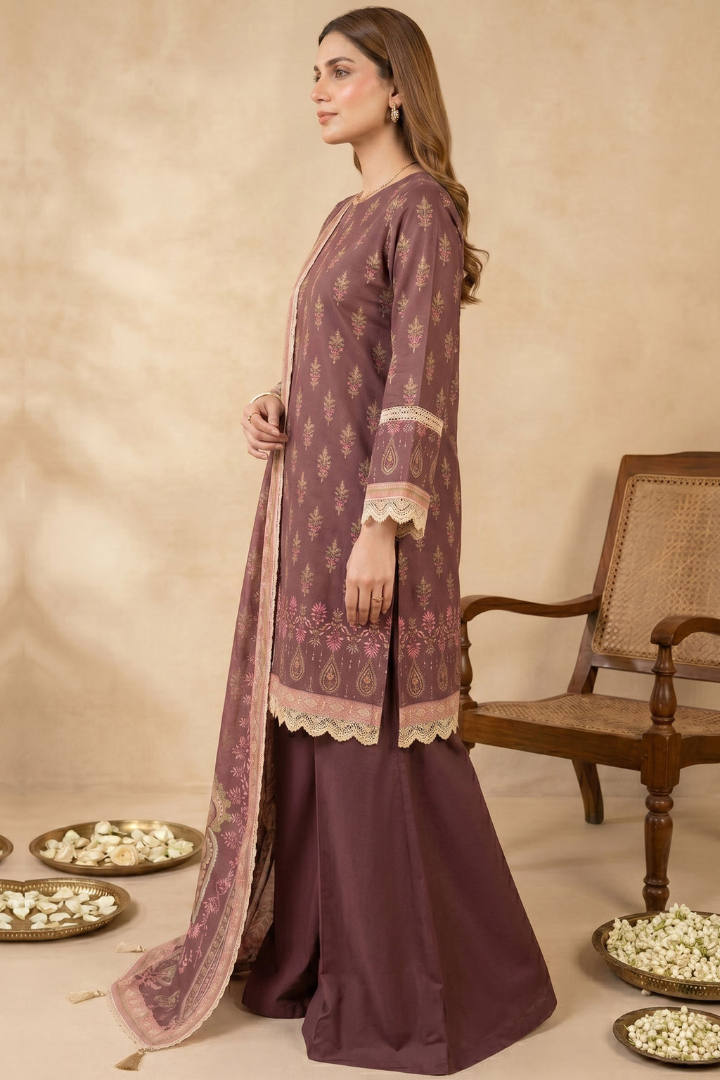 Brown 3 Piece Unstitched Premium Printed Lawn