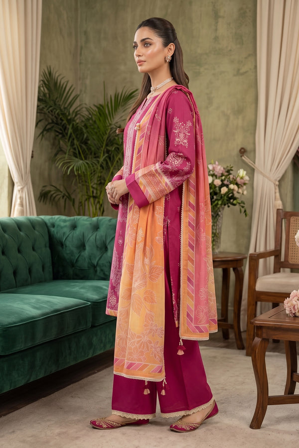 Rich Maroon 3 Piece Unstitched Premium Printed Lawn