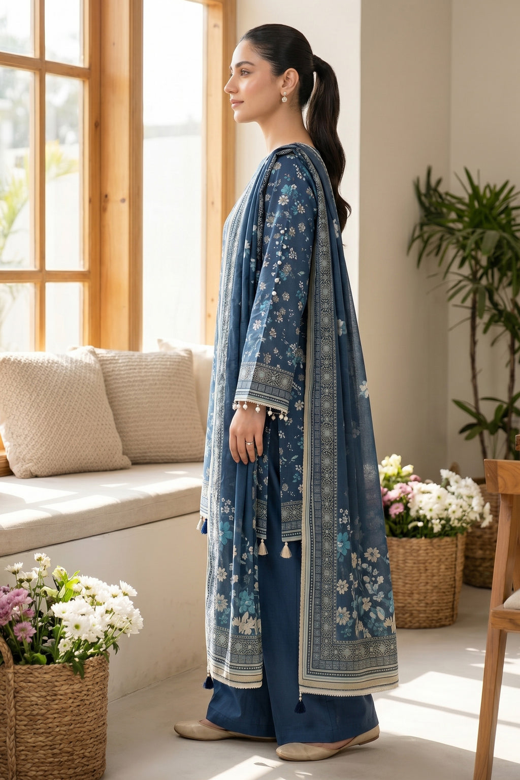 Dark Blue Grey 3 Piece Unstitched Premium Printed Lawn