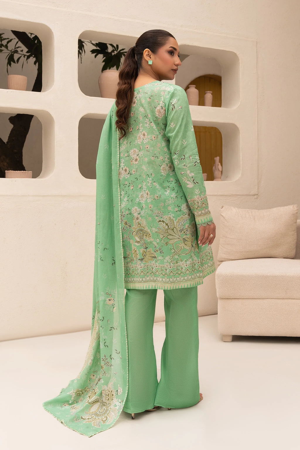 3 Piece Unstitched Sea Green Premium Printed Lawn