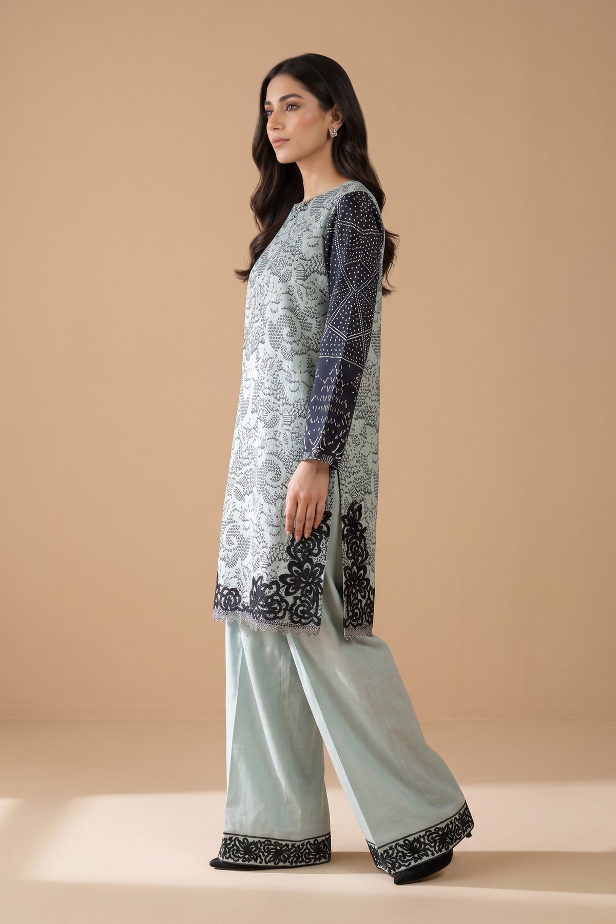2 Piece Unstitched Embroidered Khaddar - Seafoam Grey