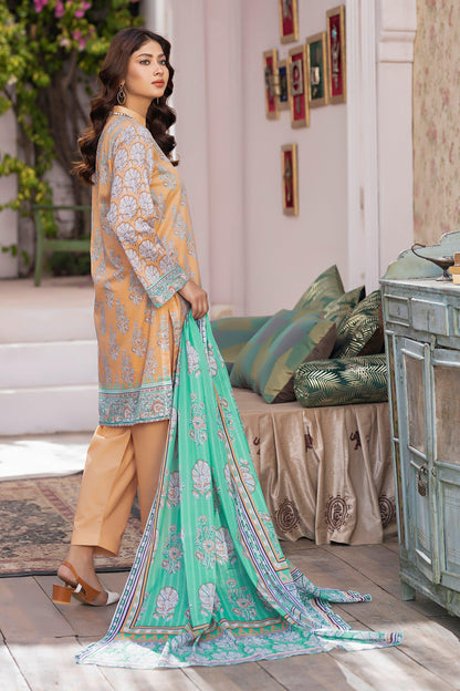 3 Piece Unstitched Peach Printed Lawn - SafaNoor