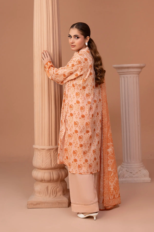 3 Piece Unstitched Peach Premium Printed Lawn