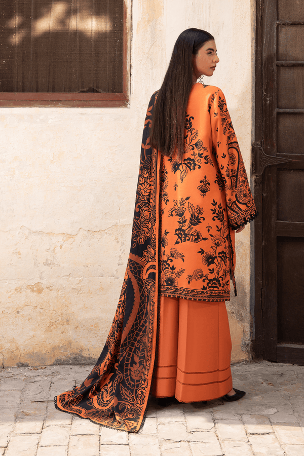 3 Piece Unstitched Orange Embroidered Linen