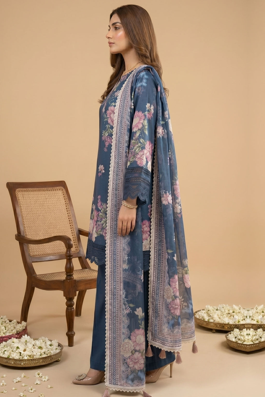 Blue 3 Piece Unstitched Premium Printed Lawn