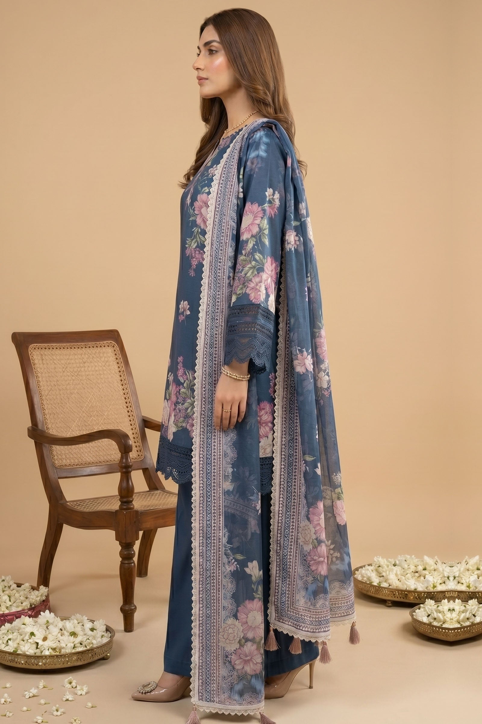 Blue 3 Piece Unstitched Premium Printed Lawn