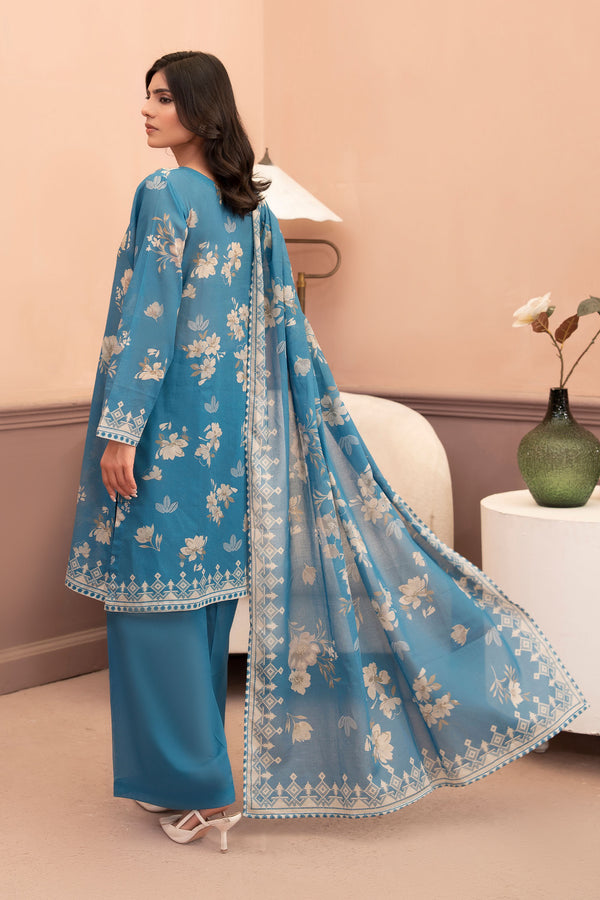 Teal Blue 3 Piece Unstitched Premium Printed Lawn